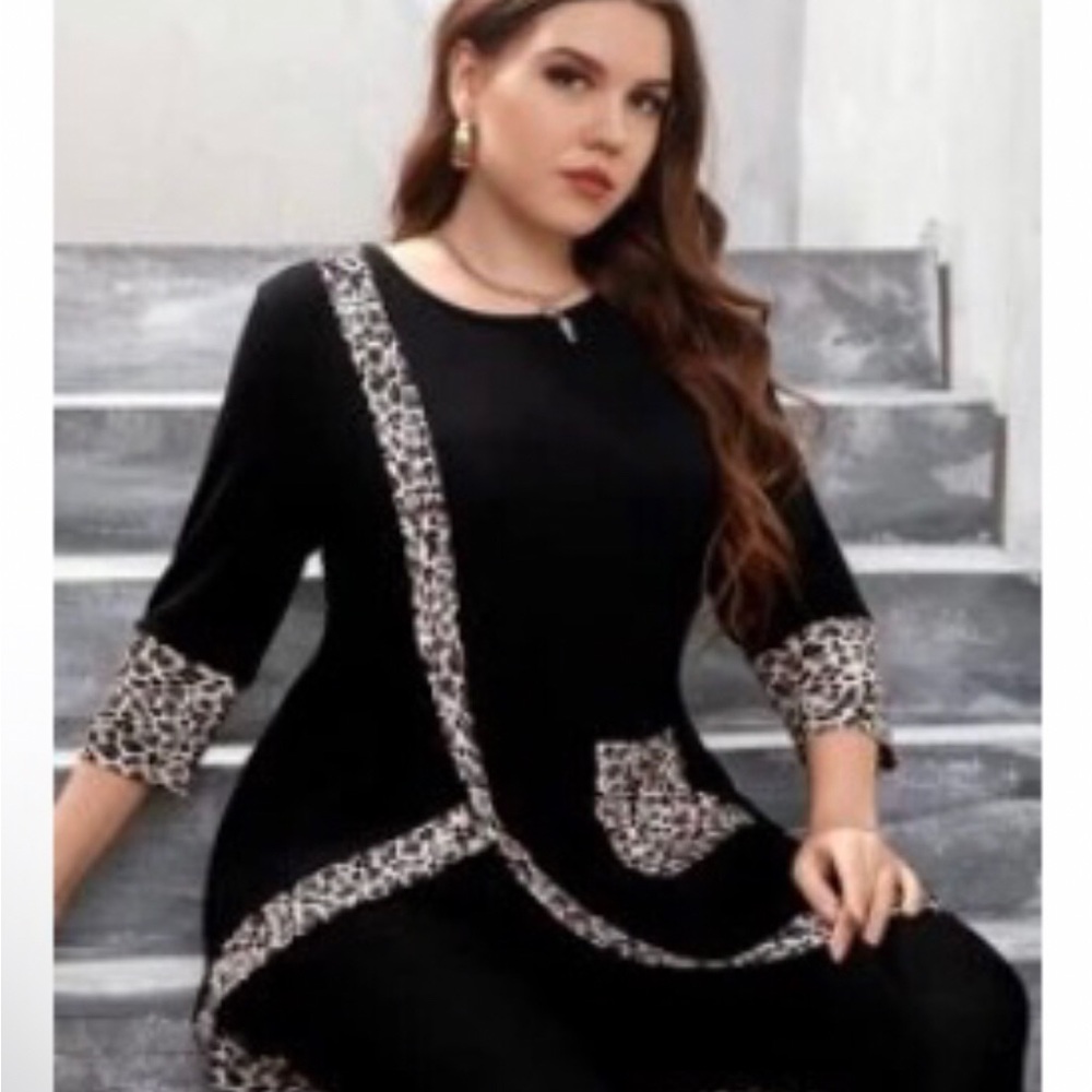 Leopard Trim Black Shirt, asymmetric design Beautiful Leopard